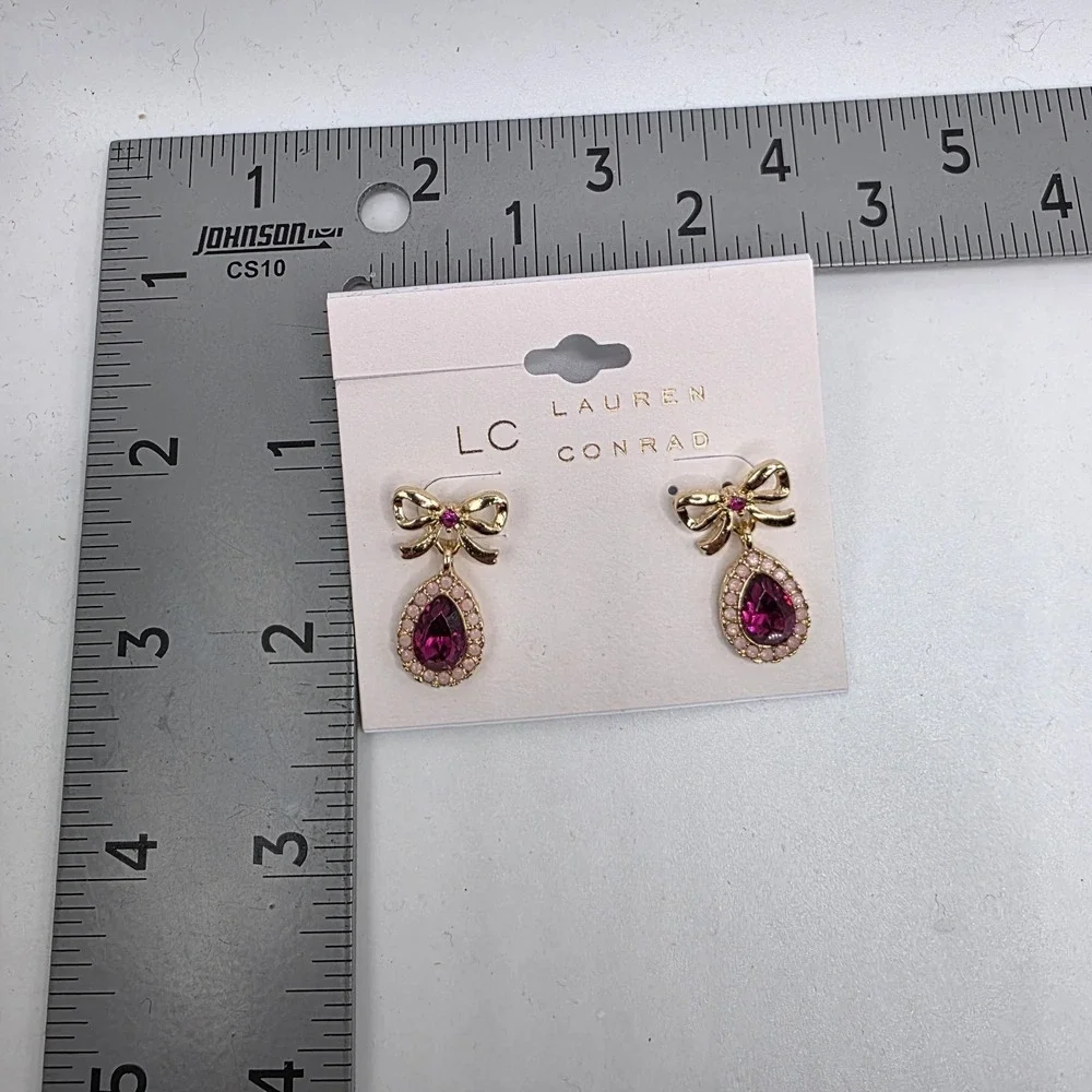 LC Lauren Conrad Earrings Gold Tone Crystal Purple Rhinestones Bow Drop NWT